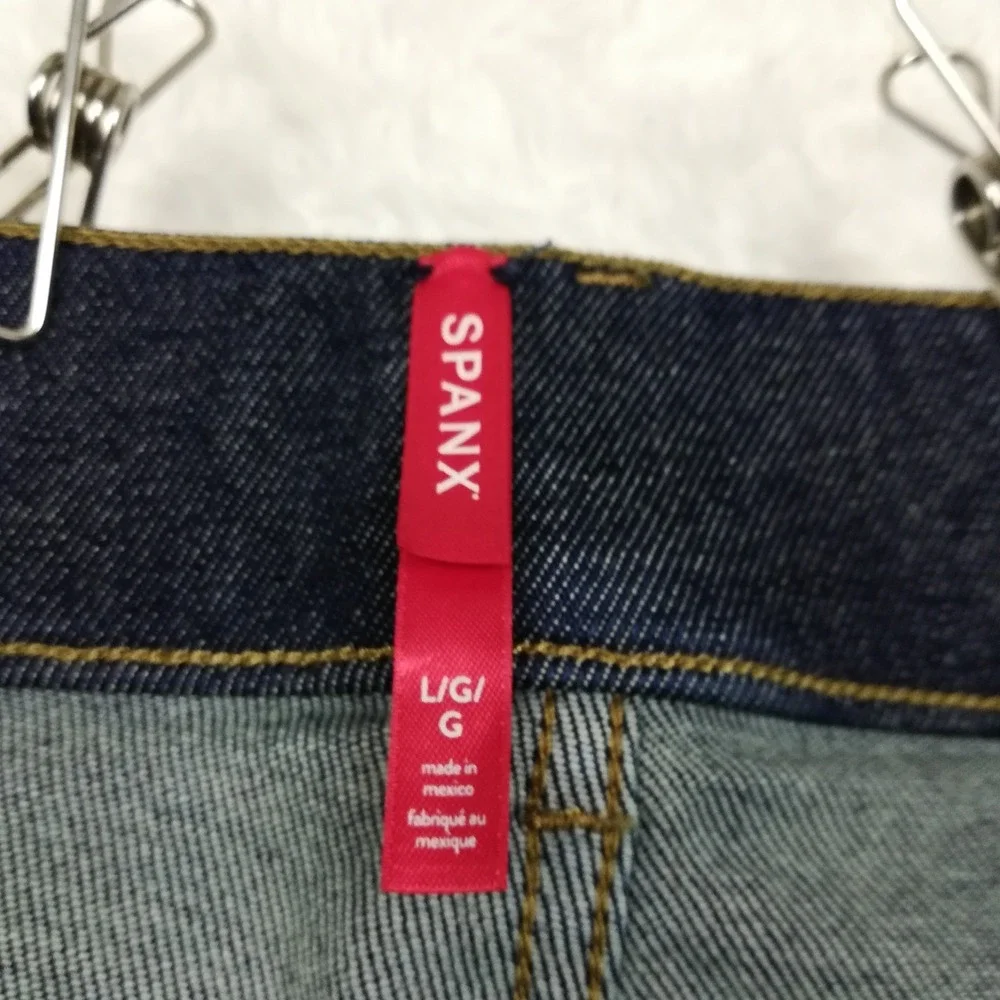 Spanx Womens Jeans Flare Leg Blue Denim Dark Wash Pintuck Seam Pull On High L